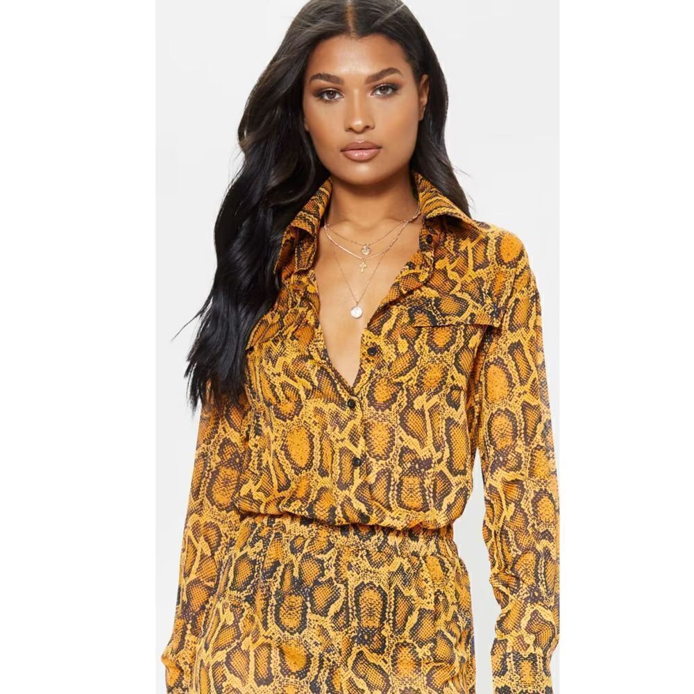 Pretty Little Things Sheer Snake Print Pocket Detail Oversized Shirt Orange Larg